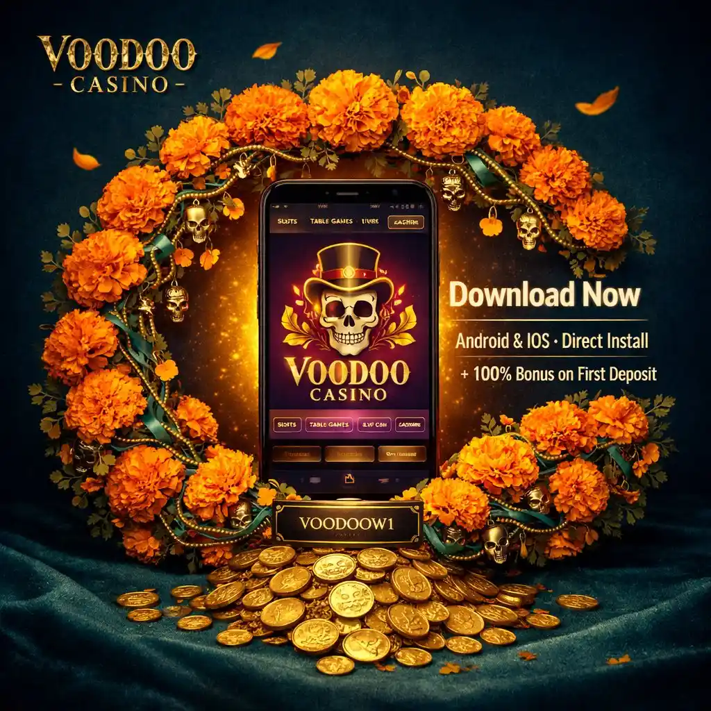 Voodoo Casino app download phone marigold wreath gold teal dark