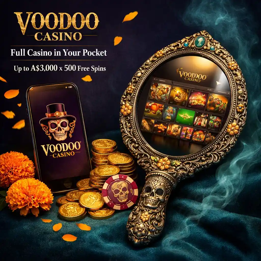 Voodoo Casino app enchanted hand mirror phone gold coins marigolds dark