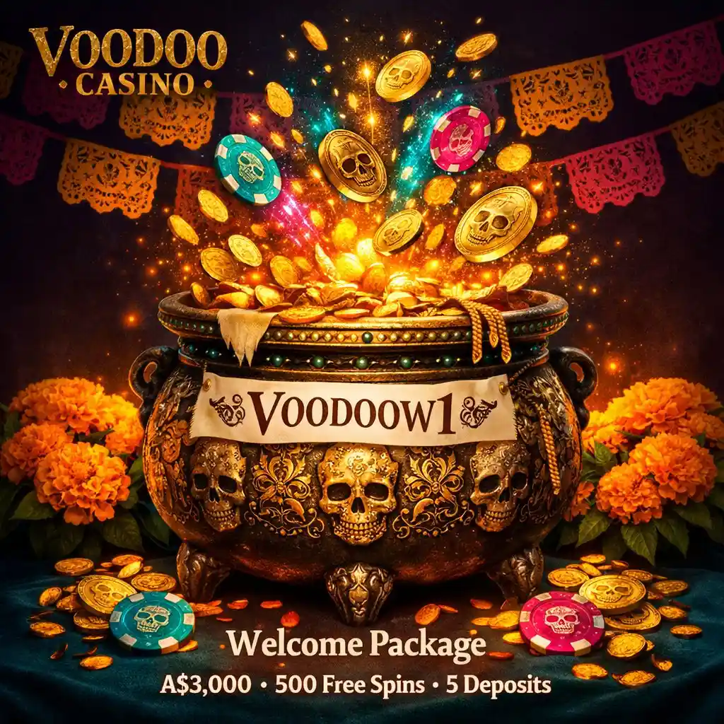 Voodoo Casino bonus cauldron gold coins marigolds teal dark purple