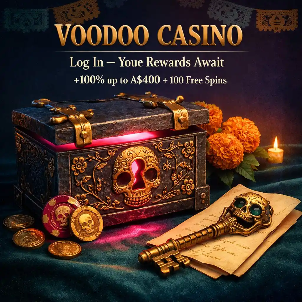 Voodoo Casino login iron strongbox skeleton key gold magenta dark teal