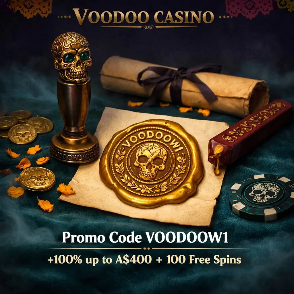 Voodoo Casino promo code VOODOOW1 wax seal stamp gold coins dark teal