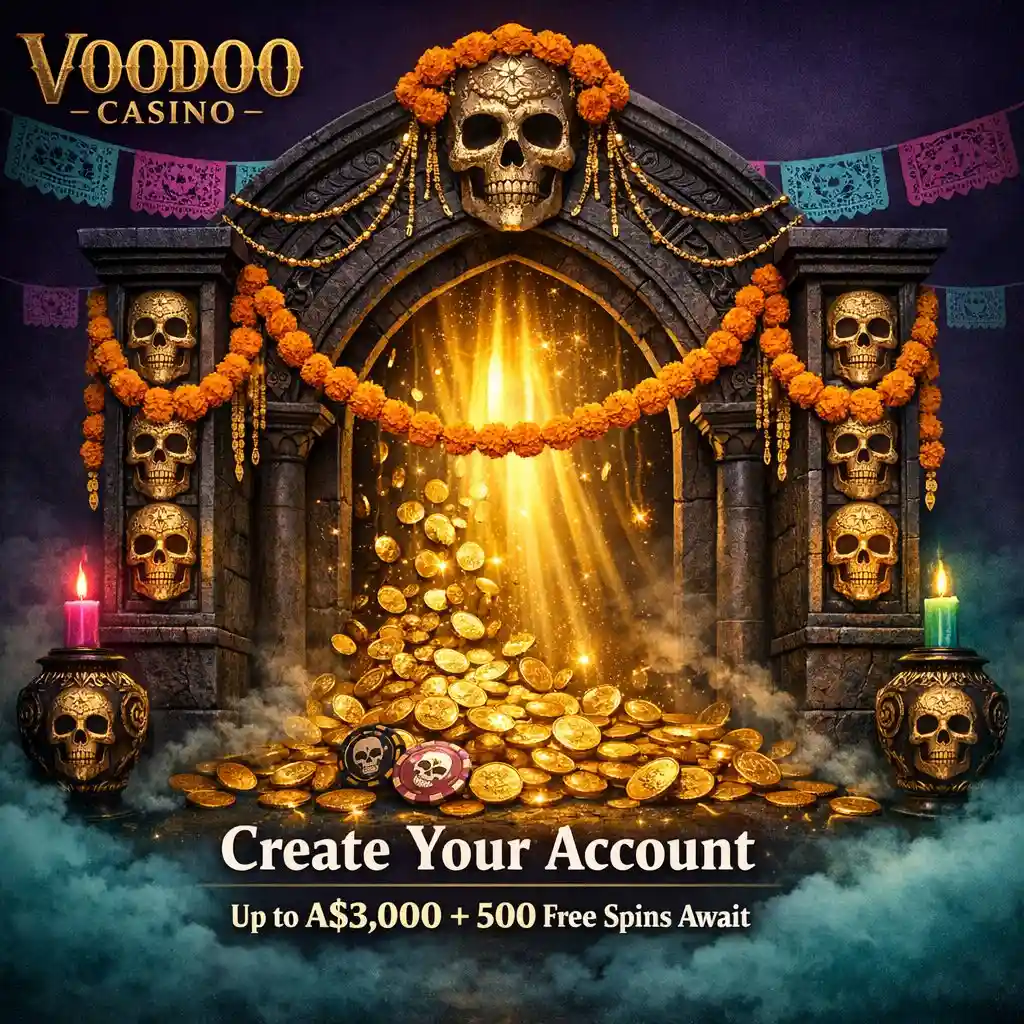 Voodoo Casino register ceremonial archway gold coins marigolds teal dark