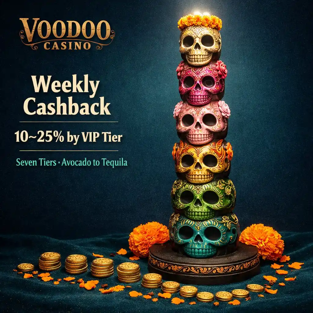 Voodoo Casino cashback VIP totem pole seven faces gold teal dark