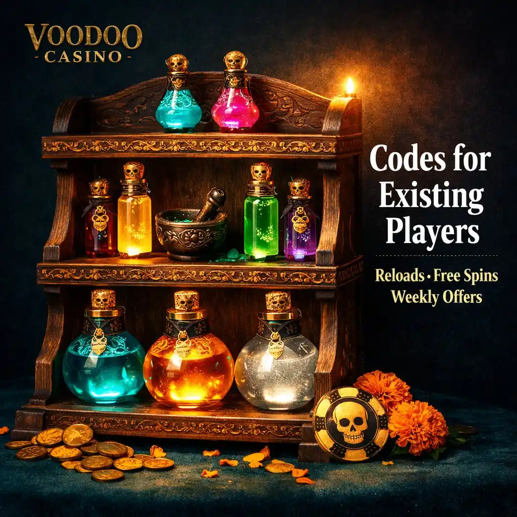 Voodoo Casino existing player codes potion vials wooden rack teal dark