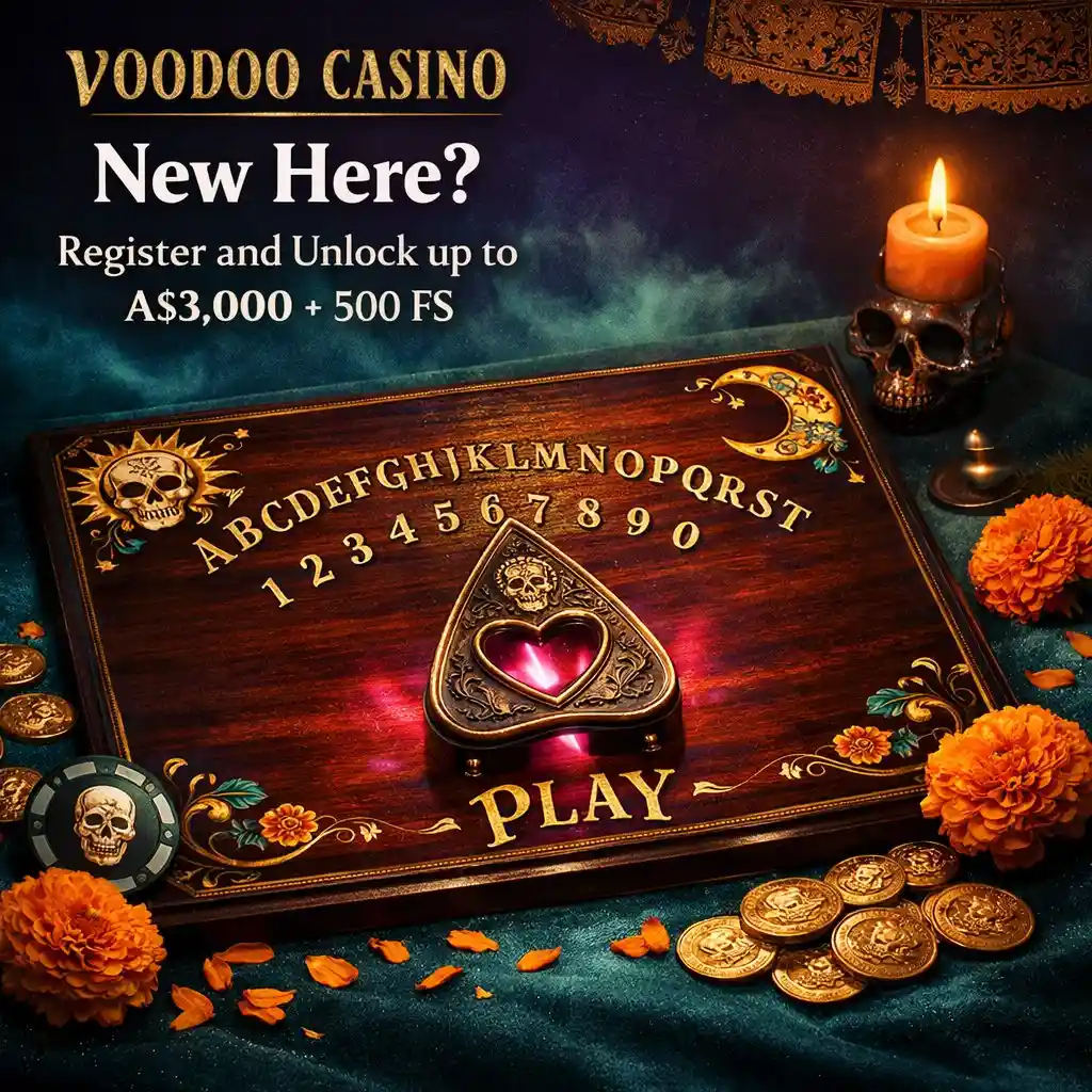 Voodoo Casino register spirit board ouija gold coins dark teal purple