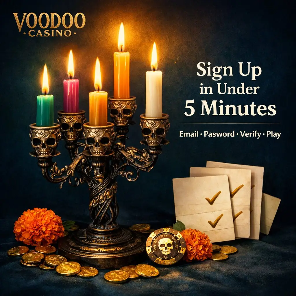 Voodoo Casino register candelabra five flames gold coins teal dark