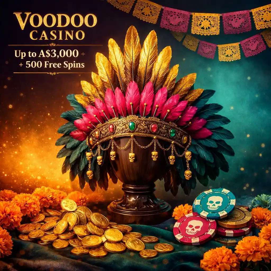 Voodoo Casino welcome bonus feathered headdress gold coins marigolds dark teal
