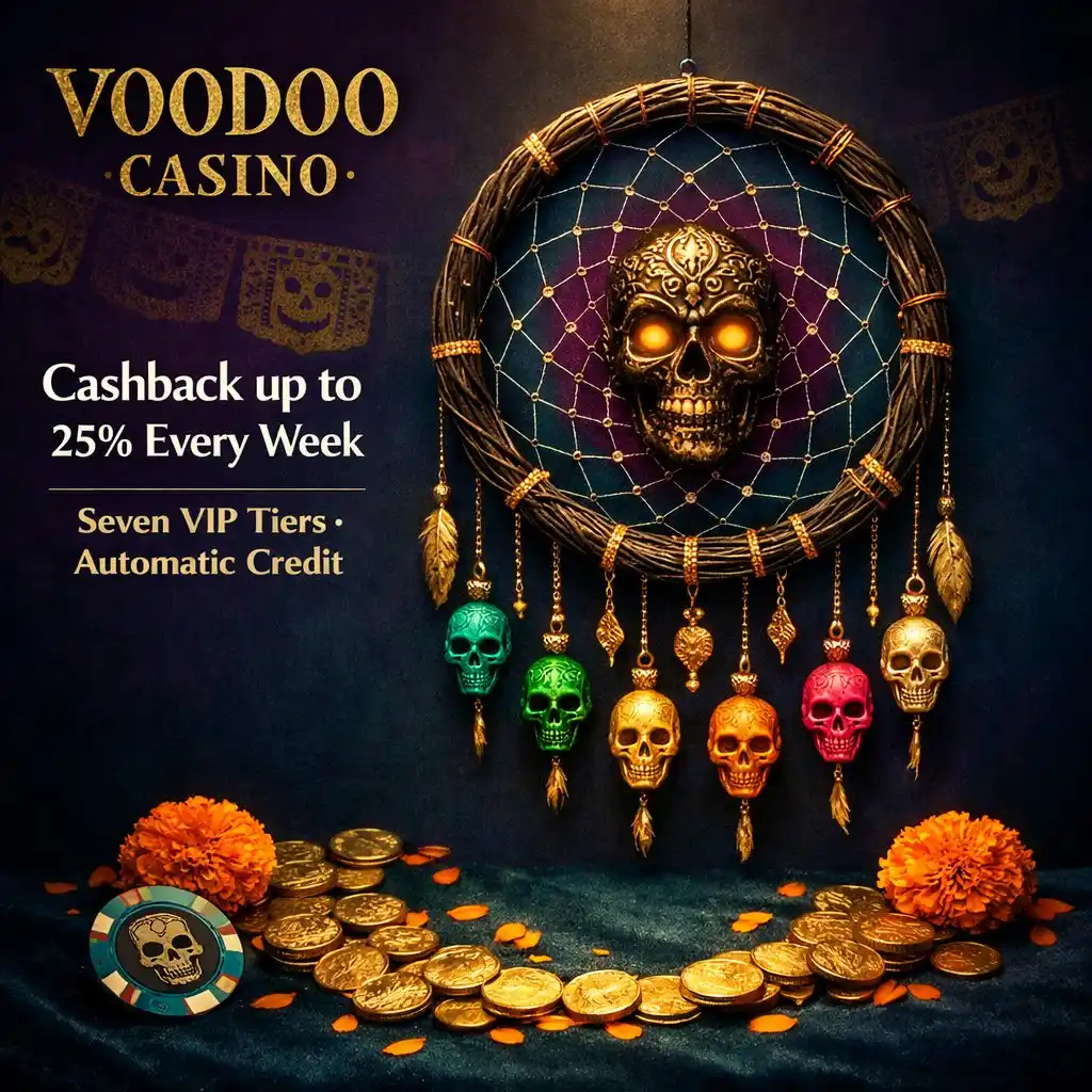 Voodoo Casino cashback VIP dreamcatcher gold coins dark teal purple