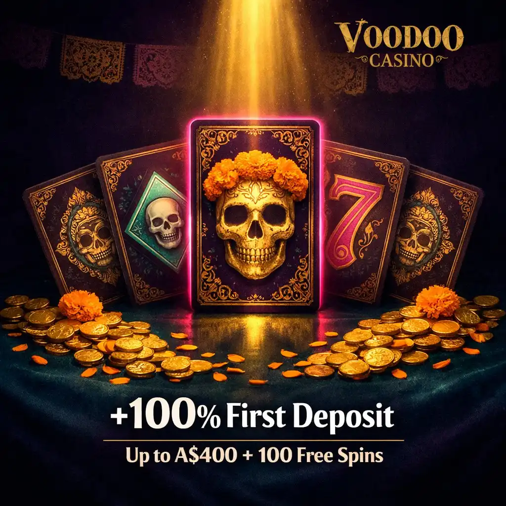 Voodoo Casino first deposit bonus tarot cards gold teal magenta dark